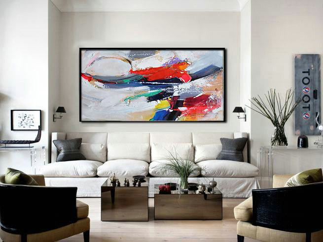 Original Abstract Painting Extra Large Canvas Art,Horizontal Palette Knife Contemporary Art Panoramic Canvas Painting,Abstract Painting Modern Art White,Red,Grey,Dark Blue